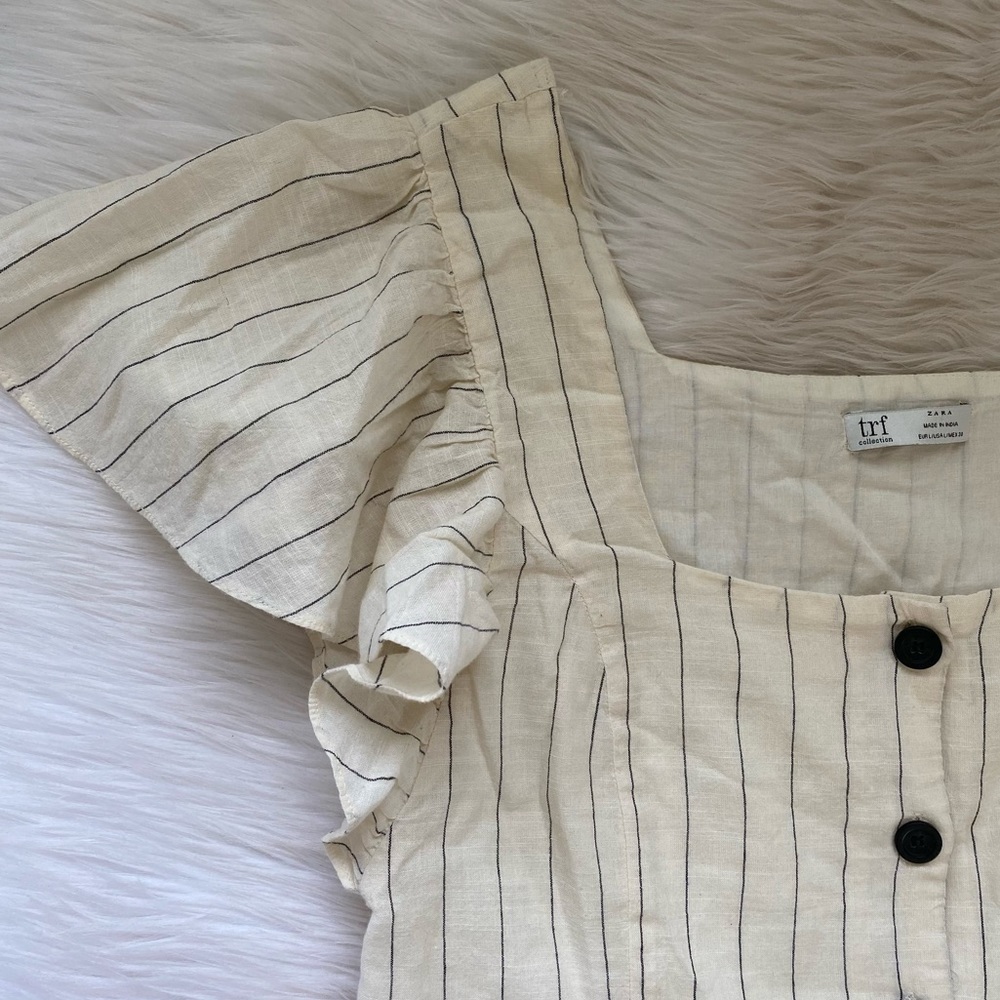 Zara Cream Pin Stripe Ruffle Button Front Crop Top Shirt - Picture 3 of 10